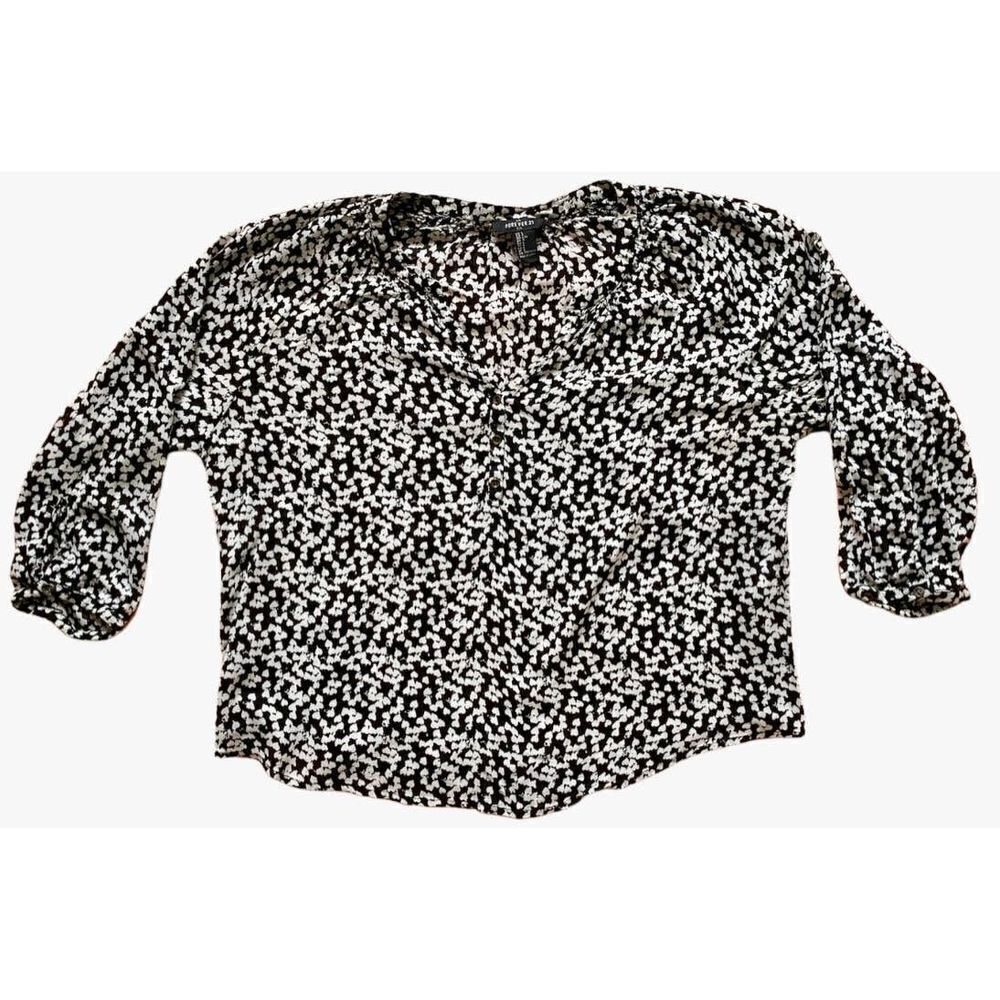 Forever 21 Black and White heart‎ Print Blouse Sheer Quarter sleeve top- Size Lg